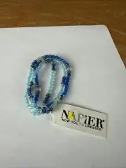 Vintage Napier Blue & Gold Tone Beaded Triple Strand Twisted Bracelet 9"
