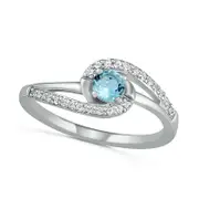 4.0mm Aquamarine and Lab-Created White Sapphire Bypass Swirl Frame Split Shank Ring in Sterling Silver