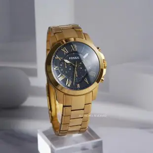 【FOSSIL】金色鋼帶黑面三眼計時手錶 男錶 母親節(FS4815)