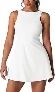 [ABEWIP] Tennis Dress for Women with Built in Shorts Sleeveless Backless 2-in-1 Ruffle A-line Active Yoga Golf Dress