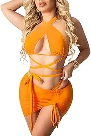 [Ekaliy] Women's Sexy 3 Piece Bikini Set Swimsuit with Mesh Cover Up Beach Skirt Halter Tie up Triangle Bathing Suit