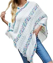 [HEYDHSDC] Women Autumn Winter Loose Oversized Sweater Coat Rainbow Stripe Scarf Tassel Cloak Shawl Poncho