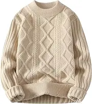 [Qolkmuiy-GJ] Mens Casual Cable Knit Sweater Fall Oversized Long Sleeve Pullover Crewneck Vintage Chunky Sweaters, Khaki 1, L