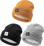 [Hispeka] Baby Beanie Hat 3 Packs with Cute Smiley Face, Toddler Girls Boys Baby Hats Winter, Kids Winter Hat Cold Weather