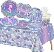 161Pcs Mermaid Birthday Decorations - Including Mermaid Party Plates and Napkins, Mermaid Scale Cups, Mermaid Tablecloth for Girl Kids Baby Shower Little Mermaid Birthday Party Supplies, Serve 20