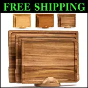 Durable Acacia Cutting Boards Set - 3 Rectangular Boards with Holder Included