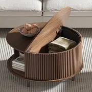 [JOINICE] Round Coffee Table with Storage,Mid Century Modern Coffee Table with Sliding Cabinet Door,Coffee Table for Living Room,31.5" Small Center Table (Walnut)