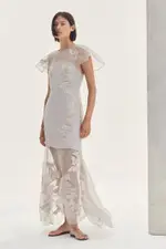 Quilted Applique Organdie Angel Sleeve Woven Maxi Dress
