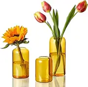 [ZENS] Bud Vases Set of 3, Minimalist Amber Small Glass Vase for Home Decor Centerpieces, Modern Flowers Vases for Wedding Living Room Decorative
