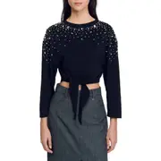 SANDRO Rhinestone tie-front T-shirt in Black at Nordstrom, Size Large