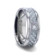 Light Gray Carbon Fiber & White Diamond Titanium Ring with Beveled Edges - 8mm