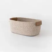Small Cotton Woven Basket with PU Leather Handle, Baby Kids Small, Coffee