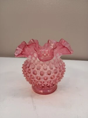 Vintage 40s Fenton Hobnail Cranberry Opalescent Vase 4.5 " tall