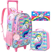 3 Piece Girls Rolling Backpack Set With Lunch Bag Unicorn Design