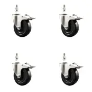 4 Inch 316SS Hard Rubber Swivel 10mm Threaded Stem Caster Set Lock Brake SCC