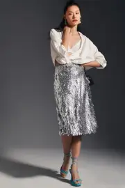 NWT Anthropologie Sequin Fringe Skirt 0P Silver Pencil Cocktail HTF
