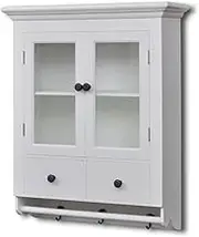 vidaXL White Wooden Kitchen Wall Cabinet with Glass Door - Antique Look Sideboard with Two Drawers and Shelves - Durable Pine Wood and MDF Frame