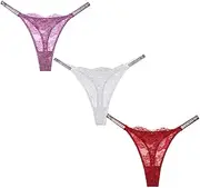 [4UFIT] Lace G-String Thongs for Women Sexy Low Waist Tangas Underwear Breathable Rhinestones Thongs Panties 3 Pack