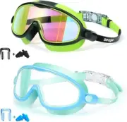 Swim Goggles 2 Pack Anti-Fog Anti-UV Wide View Swimming Goggles for Kids