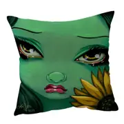 Faces of Faery #19 Green Girl with Sunflower Cushion Cover