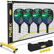 Pickleball Net Pickleball Set with Net 4 Paddles Outdoor Driveway Pickle Ball Nets Portable with Wheels 11ft & 22ft Pickleball Nets Regulation Size w/Carry Bag, Heavyduty Frame for Indoor Home