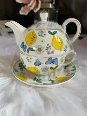Grace's Teaware Lemons & Blue Butterflies Stacking Teapot & Teacup and Saucer