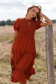 [PUP3] Naura Shirred Tiered Midi Dress - Rust XS Brown