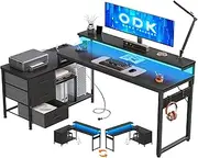 ODK L Shaped Gaming Desk with Drawers 174x100cm, Corner Desk with Storage for Home Office, Reversible Computer Desk with LED Lights & Power Outlet, Gaming Table with Monitor Stand for Bedroom, Black