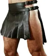 MEN'S HEAVY DUTY CLUBWEAR ROMAN TACTICAL GLADIATOR BLACK LEATHER PLEATED KILT