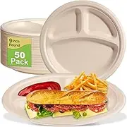 Paper Plates 9 Inch, 50 Pack Compartment Plates Disposable, 3 Compartment Plates Heavy Duty, Compostable Plates with Dividers, Brown Paper Plates