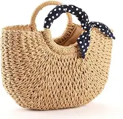 [YXILEE] YOUNG-X Handmade Straw Purse Hobo Mini Tote Natural Vintage Bag, Women Round Handle Ring Rattan Retro handbag Summer Beach