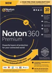 New Norton 360 Premium Antivirus 10 Devices 1 Year PC/Mac/Android/iOS [Key Card]