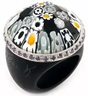 ALAN K GRAND COLLECTION Black Large Ring. Millefiori Murano Glass & Purple CZ