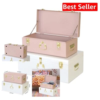Lightweight Metal Trunk Storage Set of 2 – Pink/White for Stylish Organization