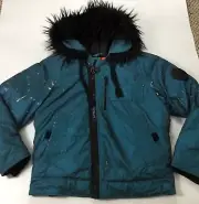 Diesel Women W-Cody Splatter Zip Up Fur Hood Winter Coat $498 Blue Size L