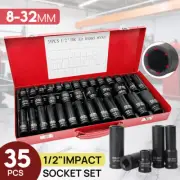 8-32MM Drive Deep Impact Socket 1/2" Metric Workshop Garage Tools Set 35pcs Kit