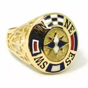 Ring Band Yellow Gold 18K, Man Woman, Anchor Shaped, Flags Enamel And Rose Wind