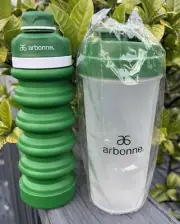 New Arbonne Collapsible Silicone Green Bottle and Shaker Bottle New