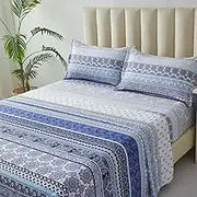 Boho Sheet Set Queen Size Blue Bohemian Striped 4 Piece Bed Sheets 14'' Deep Pocket Indian Tribal Mandala Floral Retro Bedding Sheets(1 Flat Sheet, 1 Fitted Sheet, 2 Pillowcases)