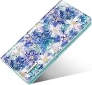 [Simikol] Ultra Slim Womens Wallet Minimalist Thin Long Leather Bifold Wallet RFID Blocking Card Holder Organizer with Zipper Coin Pocket Ladies Girls Gift Purse, Blue Flowers, Ultra Slim