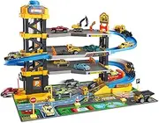 Dollox Parking Garage Toy Playset, Race Car Ramp Track Toys Sets Garage Playset with 6 Little Alloy Construction Cars Adventure Track