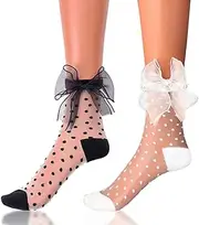 [Miaband] Ruffle See Through Socks Dot Lace Sheer Socks Tulle Cool Mesh Ankle Socks for Women 2 Pairs