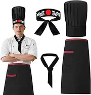 [KaTiSeMo] Hibachi Chef Costume Set 4PC - Hibachi chef hat and Apron, Japanese Headband & Tie, Hibachi chef outfit for hibachi party decorations, Halloween party decorations and BBQ Birthday Party Decor