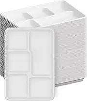 100% Compostable, 5 Compartment, Disposable Paper Plates [125-Pack] - {PFAS Free} - {BPA Certified} - [10 Inch] Heavy Duty Biodegradable Bagasse Sectional Lunch Trays + Dividers - Divided Platter Tray