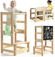 Kids Kitchen Step Stool - Foldable Anti-Slip Learning Tower with Message Boards, FSC Certification | Toddler Standing Tower, Montessori Kitchen Helper and Learning Tower, Toddler Tower, Natural Bamboo