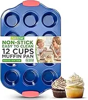 NutriChef 16” 12 Cup Muffin Non Stick Baking Pan, Deluxe Blue Carbon Steel Bake Pan with Red Silicone Handles, Commercial Grade Restaurant Quality Metal Bakeware, Compatible with Model NCSBSBL6
