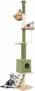 Costway Floor to Ceiling Cat Tree w/ 218-253cm Adjustable Height, Extra Post, 5-Tier Climbing Activity Center w/Space Capsule, Condo, Sisal Scratching Posts, Ladder, Rope, Indoor Cat & Kitten Tower