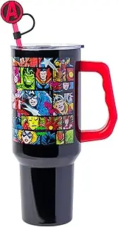 [Silver Buffalo] Marvel Avengers Comics Black Hawk, Dr. Strange, Black Panther, Ant Man, Scarlet Witch, and More Stainless Steel Tumbler with Handle and Straw, Fits in Standard Cup Holder, 40 Ounces