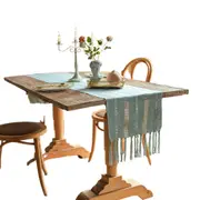 Vintage Farmhouse Woven Table Runner with Tassel for Dining Room Kitchen Reading Dresser-Blue