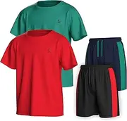 [Essenclo] Boys Clothing Sets Tagless Loose Athletic Performance Crew Neck T-Shirt and Short Outfits Size 3-16 (4 Piece Set), Set-7, 9-10
